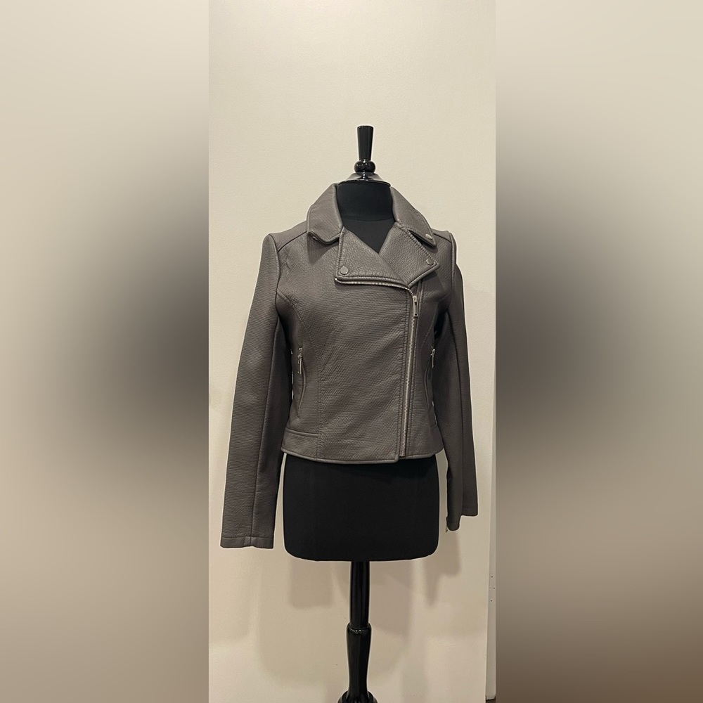 New York Company Moto Jacket Pebbled Gray Faux Leather Full Zip Pockets Size S